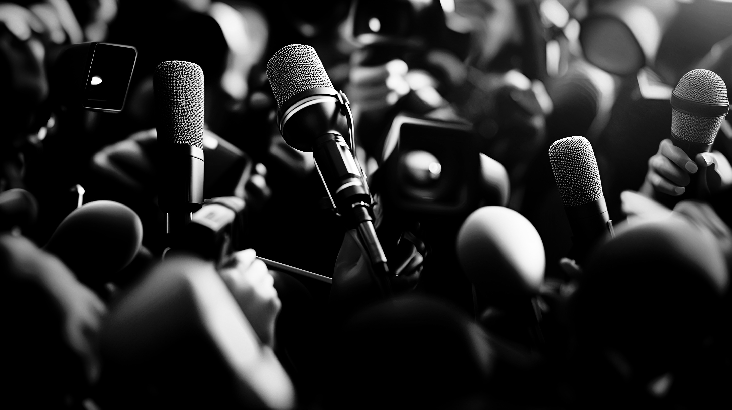 Press microphones at a media conference